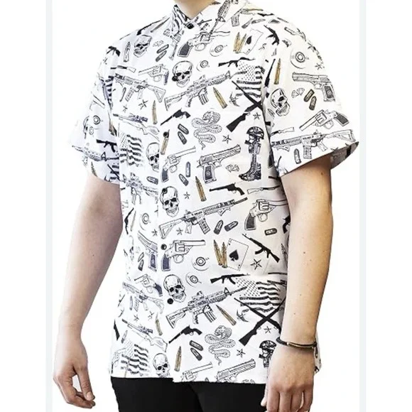 Funny Guy Mugs Gun Skull Print Shirt XXL White Graphic Button Up Men's Top - Picture 2 of 12